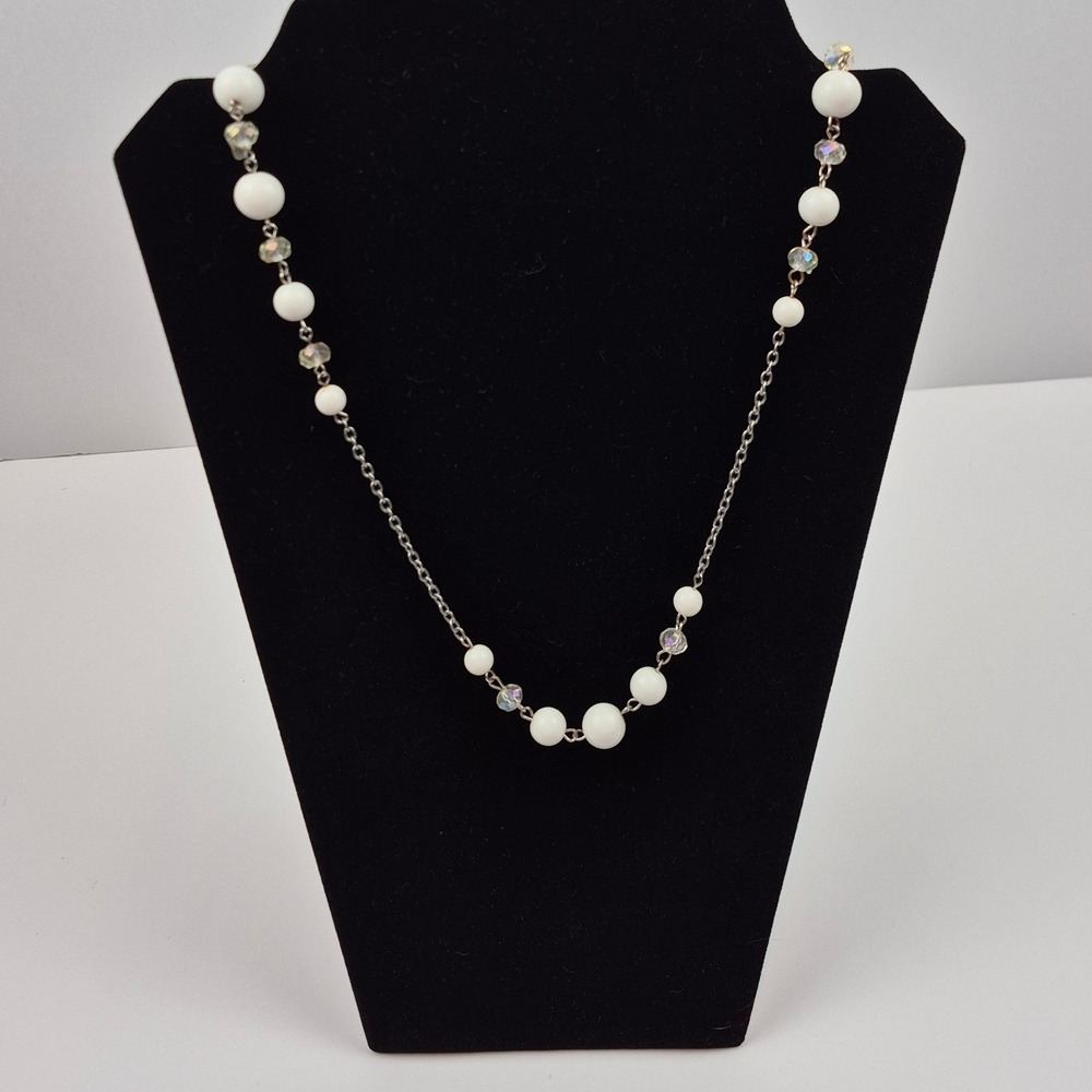 White Bead Station Necklace Crystal Accent Silver Tone Dainty Layering 32"